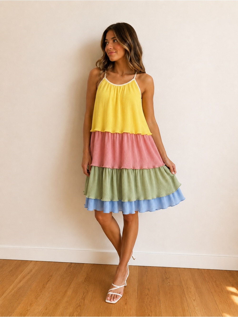 Tiered Colorblock Pleated Boho Sleeveless Sundress - Picture 1 of 3